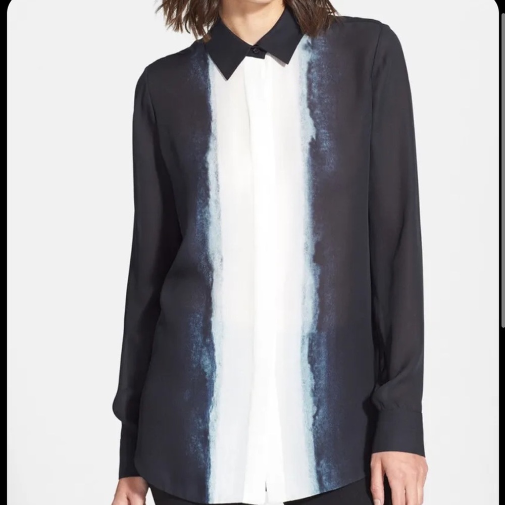 💙Vince Vertical Dip Dye Silk Long Sleeve Coastal Blue Button Down Blouse 4💙